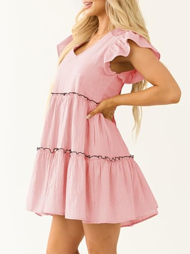 Image of Women's Summer Babydoll Mini Dress V Neck Tie Back Ruffle Sleeve Casual Tiered Loose Flowy Swing Tunic Shift Dress
