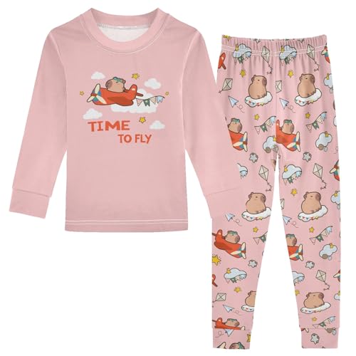 Cute Capybara Pilot Pink Cute Pajama Sets Long Sleeve Top and Pants, Snug Fit Sleepwear for Night Wears