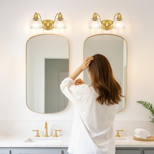 Image of Vintage Bathroom Vanity Light Fixture Over Mirror, 2-Light Brushed Gold Bathroom Wall Sconce with Clear Glass Shades, Antique 15in Gold Vanity Lighting for Bathroom, Farmhouse, Hallway, Dressing Room
