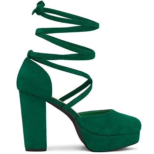 Allegra K Allegra K Women's Platform Block Heel Emerald Green Lace Up Pumps Sandals 8 m US