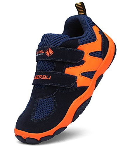 DADAWEN Kid's Breathable Outdoor Hiking Sneakers Strap Athletic Running Shoes Dark Blue/Orange US