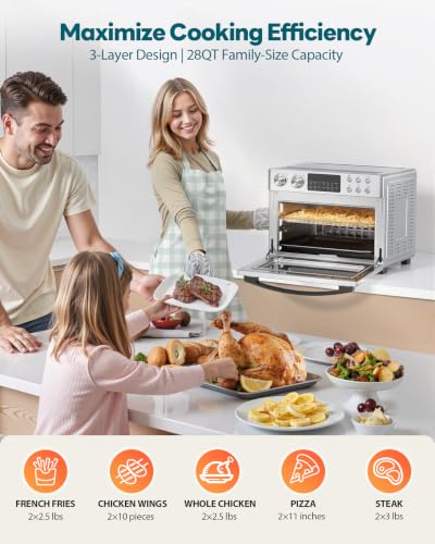 Image of 28QT Air Fryer Toaster Oven Combo, Large 12-in-1 Convection Countertop Oven with Next-Gen HeatWave Convection, 3-Layer Cooking, Rotisserie for Chicken, Fits 11 inch Pizza, All Accessories, Stainless Steel