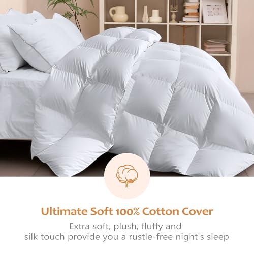 Luxury Goose Feather Down Comforter Oversized Queen Size 850+ Fill-Power, Fluffy and Cozy Oversized Queen Down Duvet Insert with 1000T 100% Cotton, All Season Medium Warmth Down Comforter