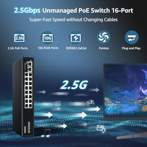 Image of YuanLey 18 Port 2.5G PoE Switch Unmanaged, 16 x 2.5GbE PoE Ports, 2 x 10G RJ45 Uplink, 250W, Multi-Gigabit Ethernet PoE Switch, IEEE 802.3af /at, Fanless Metal, for IP Camera, WiFi 6 AP, NAS, Gaming