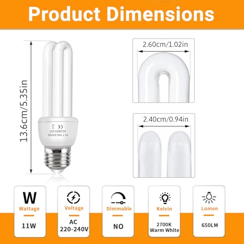 Akynite E27 Energy Saving Bulb 11W, Warm White 2700k, E27 Edison Screw Fitting, 2U CFL Low Energy Light Bulbs, ES Compact Fluorescent Stick Bulbs, AC 220V, not dimmable, 2pcs