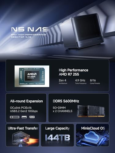 Image of MINISFORUM Desktop NAS N5 Network Attached Storage 5 Bay, AMD Ryzen 7 255 Processor(8C /16T),128GB SSD, DDR5 RAM, 1 * 10Gbe,1 * 5Gbe, 2*USB4(8K), 8K HDMI, OCuLink Port, 1xM.2 Slot, 2xU.2 /M.2 Slots