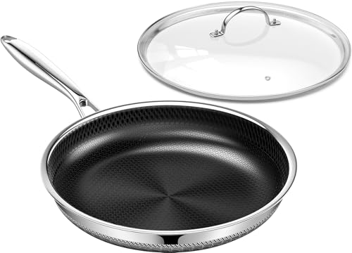 Image of Innerwell 12 Inch Non Stick Frying Pan with Lid, Large Hybrid Tri-Ply Nonstick Stainless Steel Skillet W/Lid Induction Skillet Frying Pan for Cooking W/Stay Cool Handle, PFAS/PFOA/PTFE Free