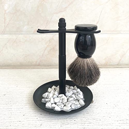 Men's Classical Black Steel Stand with Pure Badger Shaving Brush, 2pcs Shaving Set Grooming Set (2 in 1 badger)