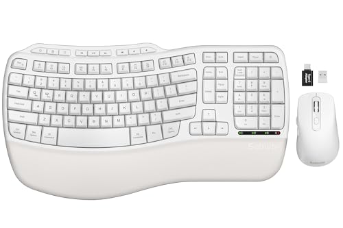 Image of White Ergonomic Wireless Keyboard and Mouse Combo, 2.4G Full Size Ergo Wave Key Board with Cushioned Plam Rest, Natural Typing, 3 DPI Adjustable Silent Mouse for Computer /Laptop /Windows /Mac - Sablute