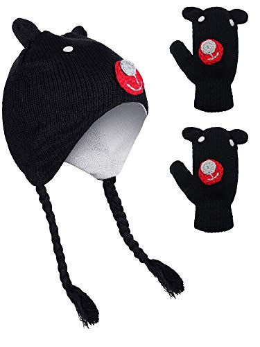 Baby Knit Earflap Hat and Gloves Set Toddler Fleece Lined Bear Beanie Mittens for Baby Boys Girls