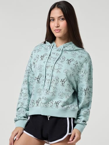 Image of Bewakoof Official Disney Merchandise Mickey Mouse Women's AOP Oversized Fit Full Sleeve Hooded Cotton Blend Hoodies