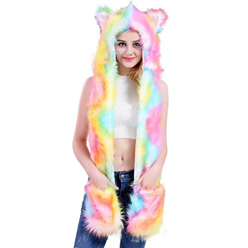 Thickened Animal Hat Hood Faux Fur Hood Scarfs Full Pockets Ear Cap Hoodie Furry Gloves