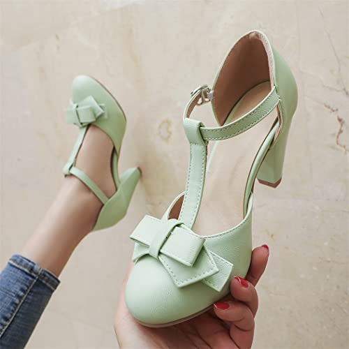 Image of Elbslutt Women's Cute Retro Rockabilly Shoes T Strap Mary Janes Heels Chunky Cosplay Shoes Sweet Block Heeled Bow Pumps
