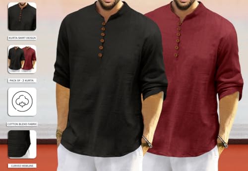 Image of ROYALSCOUT Men's Cotton Polyester Blend Solid Regular Fit Full Sleeve Short Kurta | Ethnic, Lightweight Summer Kurta for Daily & Occasion Use