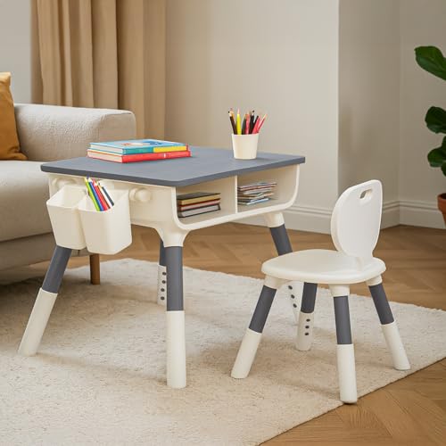 Image of BAYBEE Brilo Kids Study Table for Students with Chair, 3 Height Adjustable Table & Storage | Desk & Chair Set for Kids at Home or School | Reading & Writing Study Table (Wooden Grey)