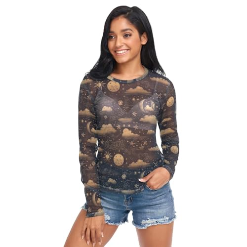 Women's Long Sleeve Mesh Top Celestial Sun Moon See Through