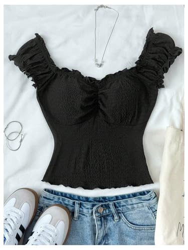 SweatyRocks Girl's Off The Shoulder Tops Ruched Cap Sleeve Textured Summer T Shirt2