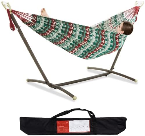 PNAEUT Christmas Decoration Double Hammock with Space Saving Steel Stand Included 2 Person Heavy Duty Outside Garden Yard Outdoor 450lb Capacity 2 People Standing Hammocks Jacquard （ Pine Tree ）