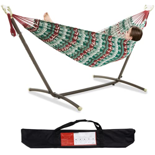 Pnaeut Christmas Decoration Double Hammock With Space Saving Steel Stand Included 2 Person Heavy Duty Outside Garden Yard Outdoor 450Lb Capacity 2 People Standing Hammocks Jacquard （ Pine Tree ） #TOP17