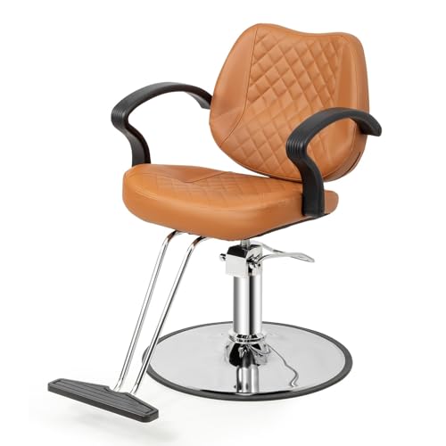 LEADZM Professioneller Friseurstuhl mit 360 Drehung und hydraulischer Pumpe Barberstuhl Höhenverstellbar Kapazität 250 kg Frisörstuhl für SPA Schönheit (Braun)