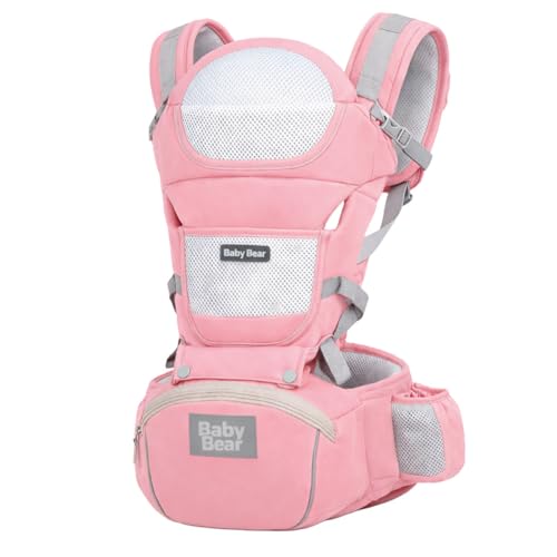Bolsa Canguru Ergonômica Premium Baby Bear 3 em 1 | Assento Acolchoado| 12 posições | Alças Reguláveis | Bolsos Frontais e Laterais (Rosa)