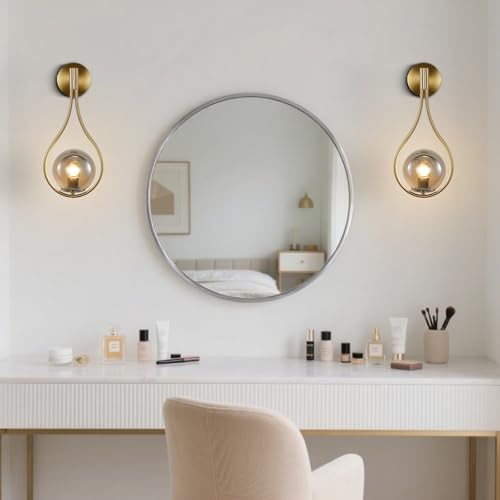 Image of KCO Lighting Teardrop Wall Lights Brushed Gold Wall Sconces Bedroom Brass Glass Globe Wall Sconces Set of Two Vintage Bathroom Vanity Light Fixtures