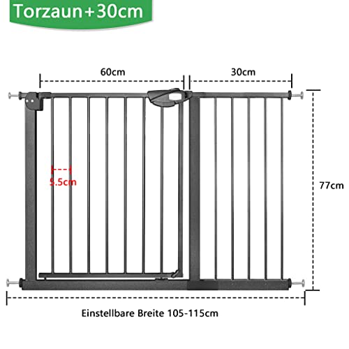 XMTECH Türschutzgitter Ohne Bohren Treppengitter für Kinder 105-115cm breit，Auto-Close Baby Türgitter Treppen Absperrgitter mit Druckbefestigung,Safety Gate, 180° Zweiwegeöffnung Schwarz