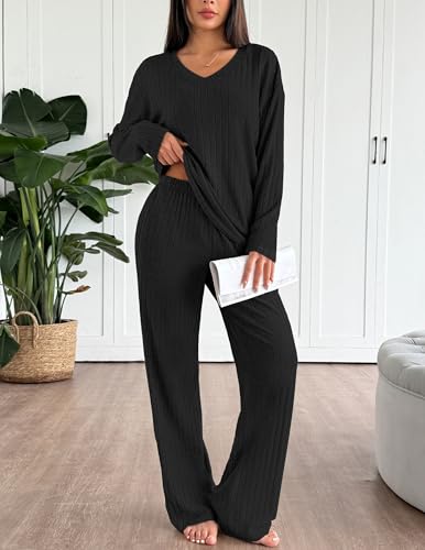 Ekouaer Lounge Sets for Women Long Sleeve Knit Ribbed Pajama Sets 2 Piece Casual Loungewear with Pockets3