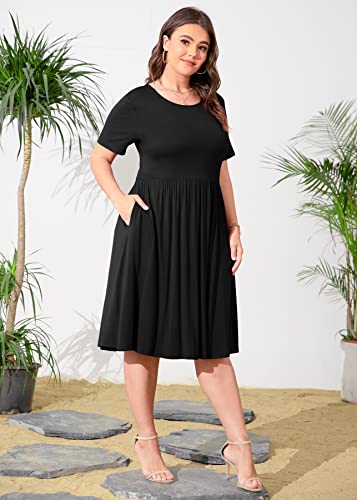 Image of POSESHE Womens Plus Size Summer Dress 2026 Casual Short Sleeve Empire Waist Loose Fit Swing T-Shirt Dress with Pockets