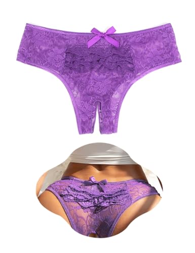 ohyeah Plus Size Lace Panties for Women Sexy Lacy Thongs Purple Cheeky Underwear Low Rise Tanga G-String Thongs XL