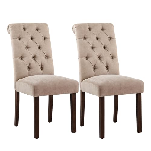 Image of Tufted Dining Chairs Set of 2, Upholstered Parsons Dining Room Chairs, Fabric Kitchen Side Chair with Wood Legs, Taupe