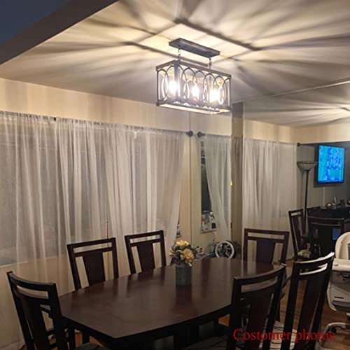 PHILOMENA Antique Wood Farmhouse Chandelier, 3-Light Rustic Bronze Cage Rectangular Dining Room Light Fixtures Over Table, Rectangle Linear Foyer Pendant Lamp Ceiling Hanging - Image 2
