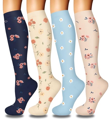 4 Pairs Compression Socks for Women Circulation-Best Mild Support for Flexible Fit Design, Gentle Pressure Feel, Practical Everyday Choice for Simple Comfort Needs Stylish Flower L-XL