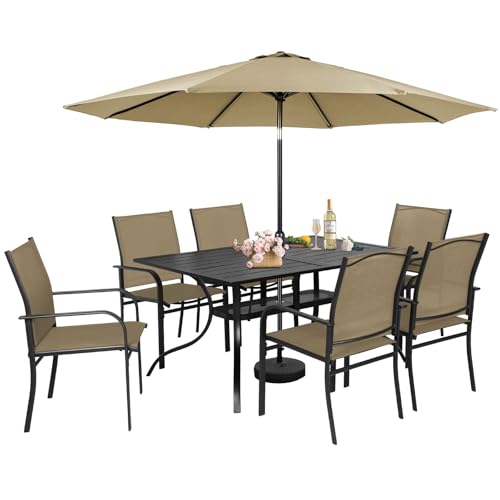 Incbruce 8 Pieces Patio Dining Set with Brown Umbrella, Outdoor Dining Set of 6 Textilene Chairs and Rectangle Table with Umbrella Hole for Backyard, Garden, and Poolside (Brown)