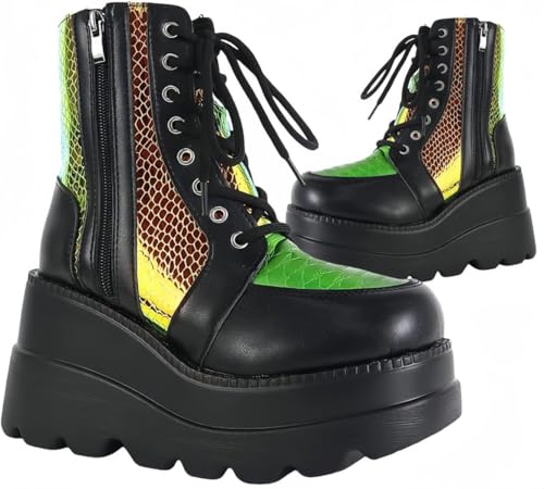 Image of Womens Goth Platform Boots Chunky High Heel Booties Round Toe Combat Ankle Boots Womens Lace Up Motorcycle Wedges Shoes