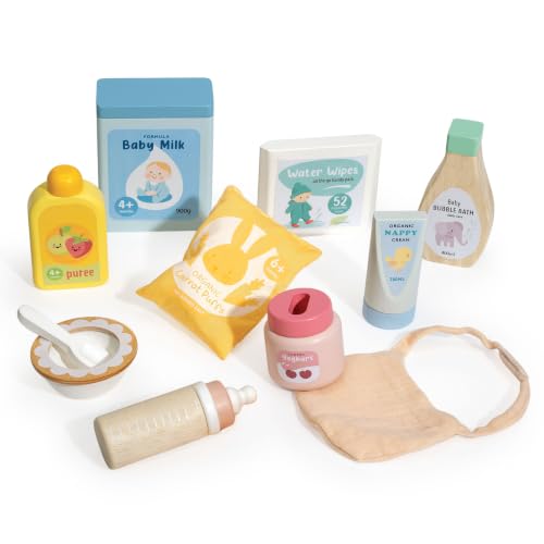 Tender Leaf Toys - Baby Care Set - 11pc Wooden Pretend Play Baby Essentials Kit - Doll Feeding and Wash Accessories - Encourage Empathy Language Skills and Imaginative Play - Age 3+