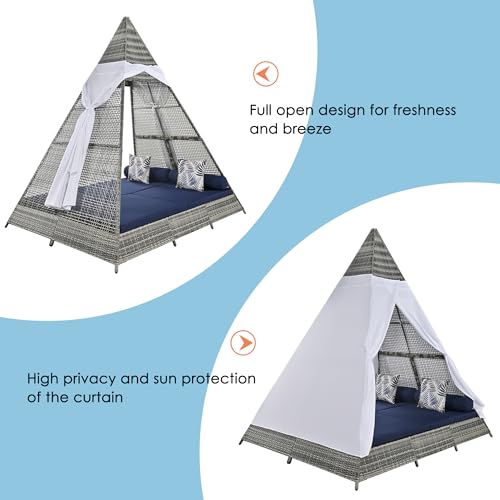 Merax Outdoor Daybed with Colorful Pillows, Wicker Patio Lounge Bed with Cushions, Tent Shape, Gray and Blue