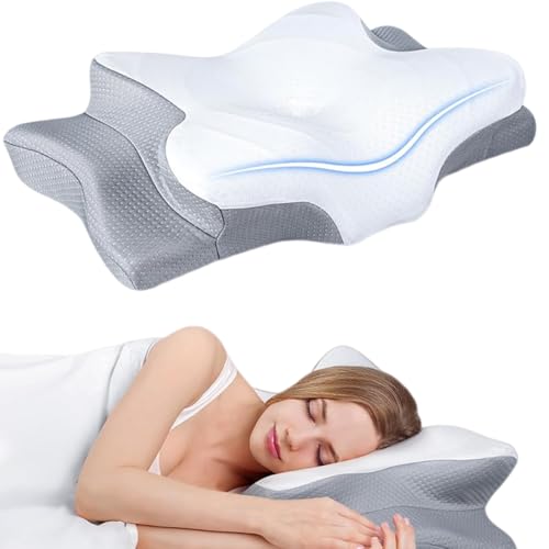 Neksong Pillow Daddy Das Nacken Therapiekissen Pillowdaddy Nackenkissen Kopfkissen für Seitenschläfer Rücken und Bauchschläfer (Großes Hornkissen - Eisseide Weiß + Grauer Überzug 1 Stück)