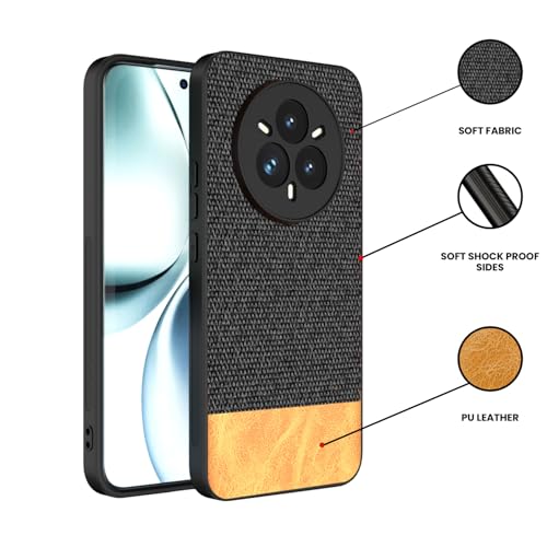 Image of Kapa Soft Fabric & Leather Hybrid Protective Back Cover for Realme 14 Pro+ (Plus) 5G | Shockproof Slim Hard Anti Slip Back Case (Black,Brown)