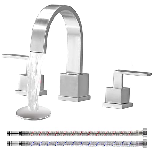 KINGO HOME 3 Hole Widespread Brushed Nickel Bathroom Faucet,Modern Waterfall 8 inch 2 Handle Bathroom Sink Faucet Vanity Bathroom Faucet for Sink 3 Hole with Pop Up Drain and Water Supply Lines