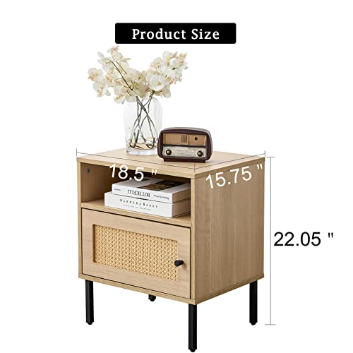 Wekity Rattan Nightstand, Bedside Table With Farmhouse Rattan Door, Wood Nightstand With Solid Metal Legs, Small Modern End Table For Living Room Bedroom Dorm 15X18X22 Inch (Yellow) #TOP1