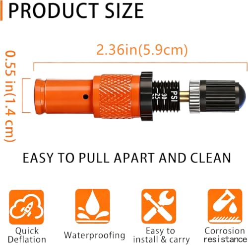 Image of SUVCARMPING Adjustable Auto-Stop Tire Deflator Valve Kit (10-30 PSI) 4 PCS Screw-on Tyre Air Down Tool for Offroad 4x4, Orange