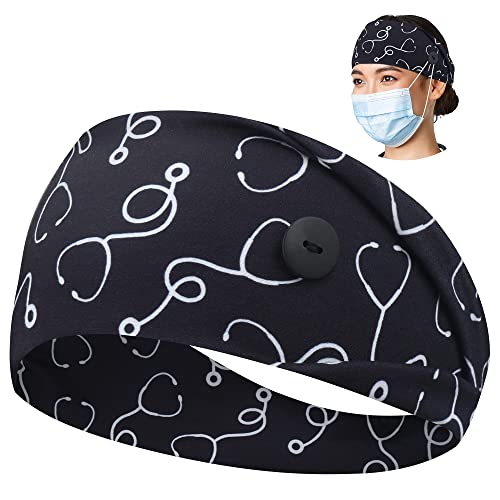 ABAMERICA Headbands with Button for Mask, Wide Nurses Headbands Non Slip Elastic Ear Protection for Women Men Doctors Sweatband Headband