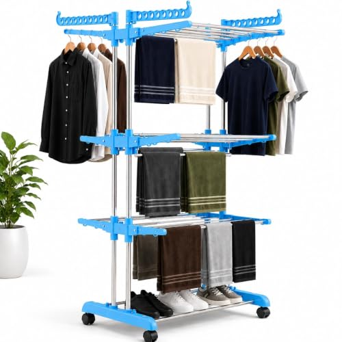 Image of TEKCOOL Foldable Cloth Drying Stand Stainless Steel - 3 Tier Heavy-Duty Clothes Dryer for Balcony, Indoor & Outdoor Use | with Wheels & Hanger Slots | Rust-Proof Laundry Rack (Grey, 3 TIRE)?,