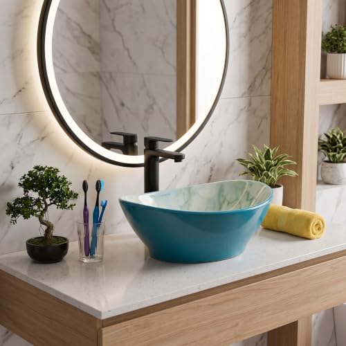 Image of Elegant Designer Ceramic Vessel Sink, Table Top Wash Basin for Bathroom, Hotel & Home Vanity Counter, Modern Over Counter Basin, 16 x 13 x 5.5 Inch