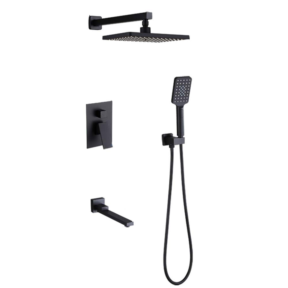 WOTZOV Matte Black Rain Shower System, Concealed Combo Set Wall Mounted Faucet With Rainfall Head, Handheld, Swivel Tub Spout