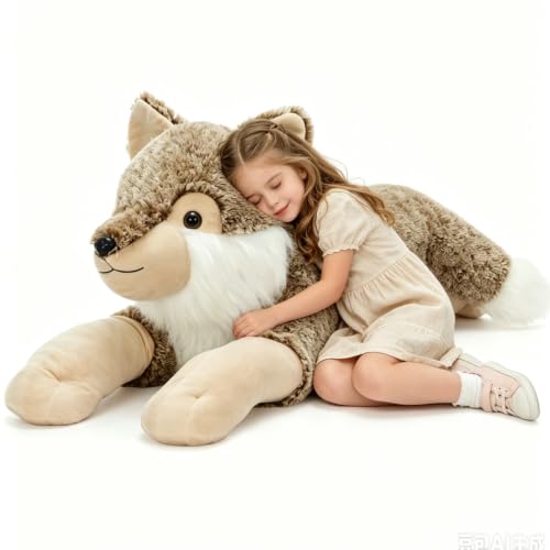 Image of BENINY 47 Inch Giant Wolf Stuffed Animal, Large Soft Wolf Plush Toy, Fluffy Stuffed Wolf Pillow for Kids, Birthday
