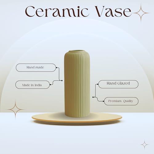 Image of KREATIVE ART'S Modern Ribbed Design Ceramic Flower Vase for Living Room, Flower Pots for Artificial Flower, Home Decoration Item, Home Decor, Vases for Living Room (Light Green, Medium)
