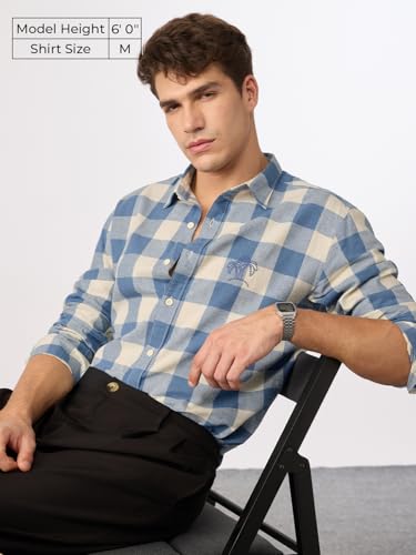 Image of The Souled Store: Blue Sails Men and Boys Long Sleeve Collared Neck Button Front Blue and Cream Checked Embroidered Regular Fit Cotton Linen Shirt