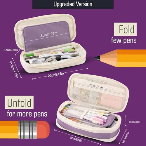 Image of Mrsdry Nylon Large Capacity Pencil Pouch, Durable Storage Multiple Compartment Double Zipper Portable Capacity Pencil Box for Kids College Student Teen, 22X11Cm (Purple)